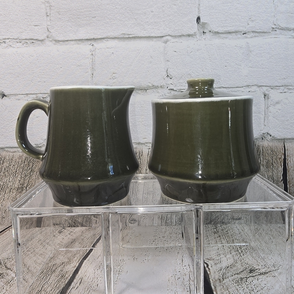 VINTAGE MID CENTURY MODERN CREAM AND SUGAR BOWL DARK JADE GREEN FROM JAPAN EUC